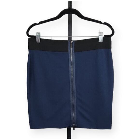 BCBGMAXAZRIA Mini Pencil Skirt Elastic Waist Full Zip Blue Black Medium New - Picture 2 of 9
